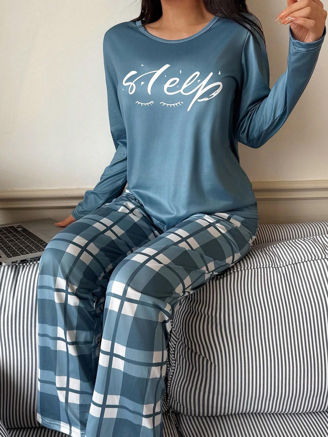 Women's Letter Print Round Neck Long Sleeve Top and Plaid Pants Sleepwear Set