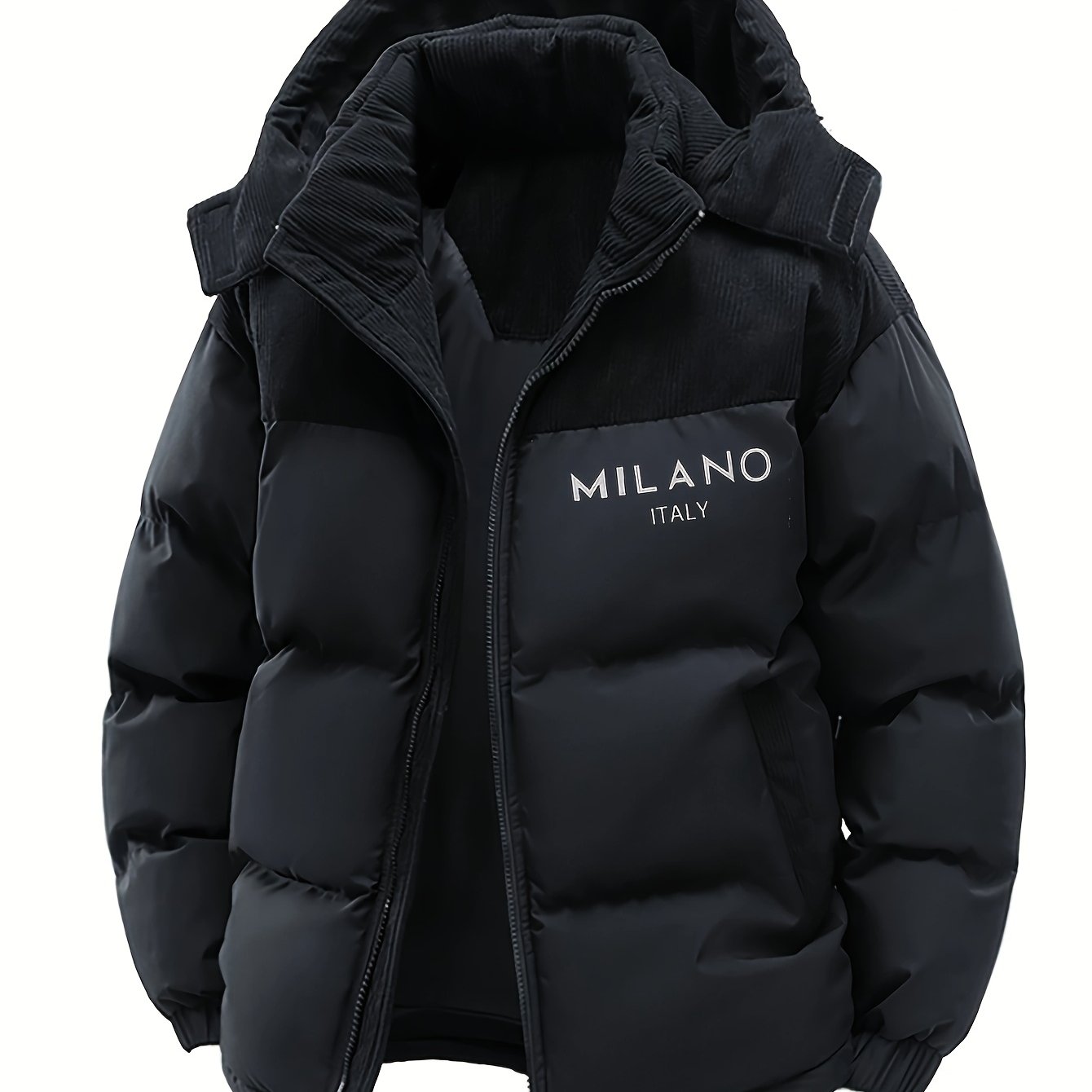 Men'S Casual Faux Fur Jacket with "MILANO ITALIA" Print - Lightweight Hooded Outdoor Coat, Regular Fit, Pockets Included, Fabric, Perfect for Casual Wear, Hooded Jacket