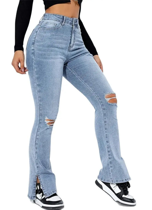 Women's High Waist Ripped Leg Slit Jeans Fashion Slim Fit Stretch Denim Straight Legs Casual Trousers S-2XL