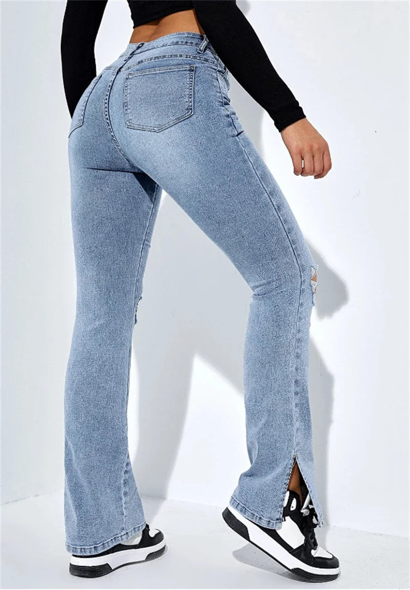 Women's High Waist Ripped Leg Slit Jeans Fashion Slim Fit Stretch Denim Straight Legs Casual Trousers S-2XL