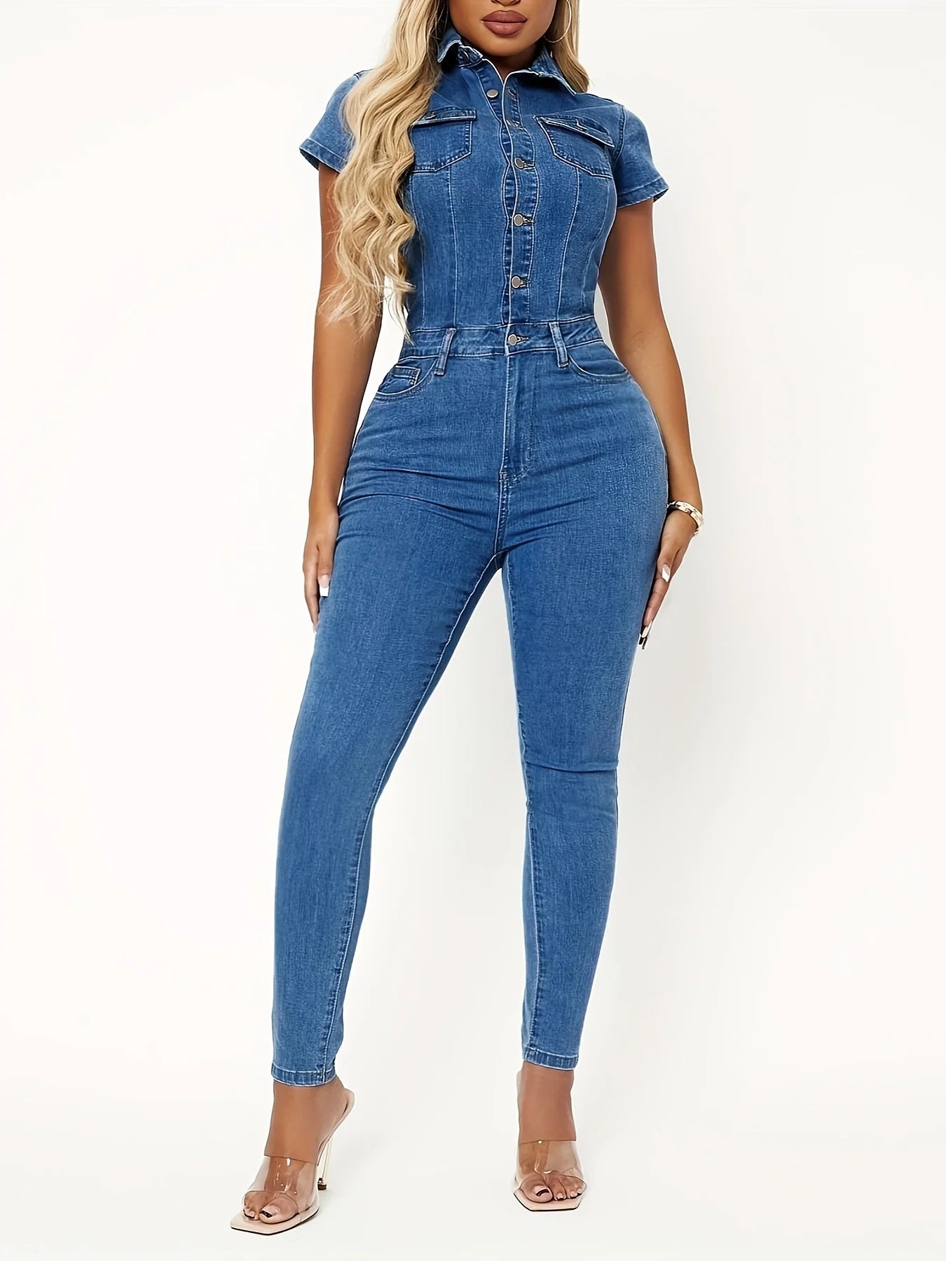 Women's Sexy Denim Overalls - Button Short Sleeve Jumpsuit, Slim Fit Casual Streetwear, Vintage Washed Romper for Summer
