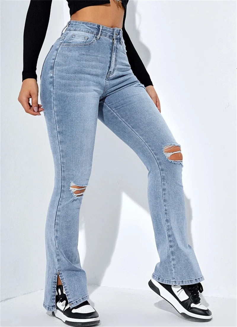 Women's High Waist Ripped Leg Slit Jeans Fashion Slim Fit Stretch Denim Straight Legs Casual Trousers S-2XL
