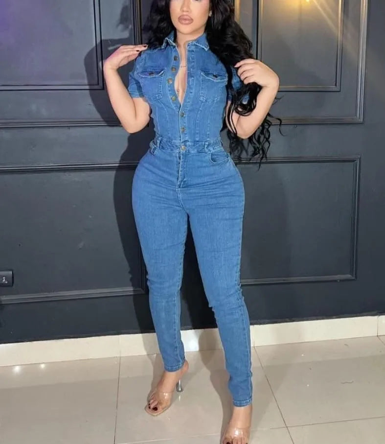 Women's Sexy Denim Overalls - Button Short Sleeve Jumpsuit, Slim Fit Casual Streetwear, Vintage Washed Romper for Summer