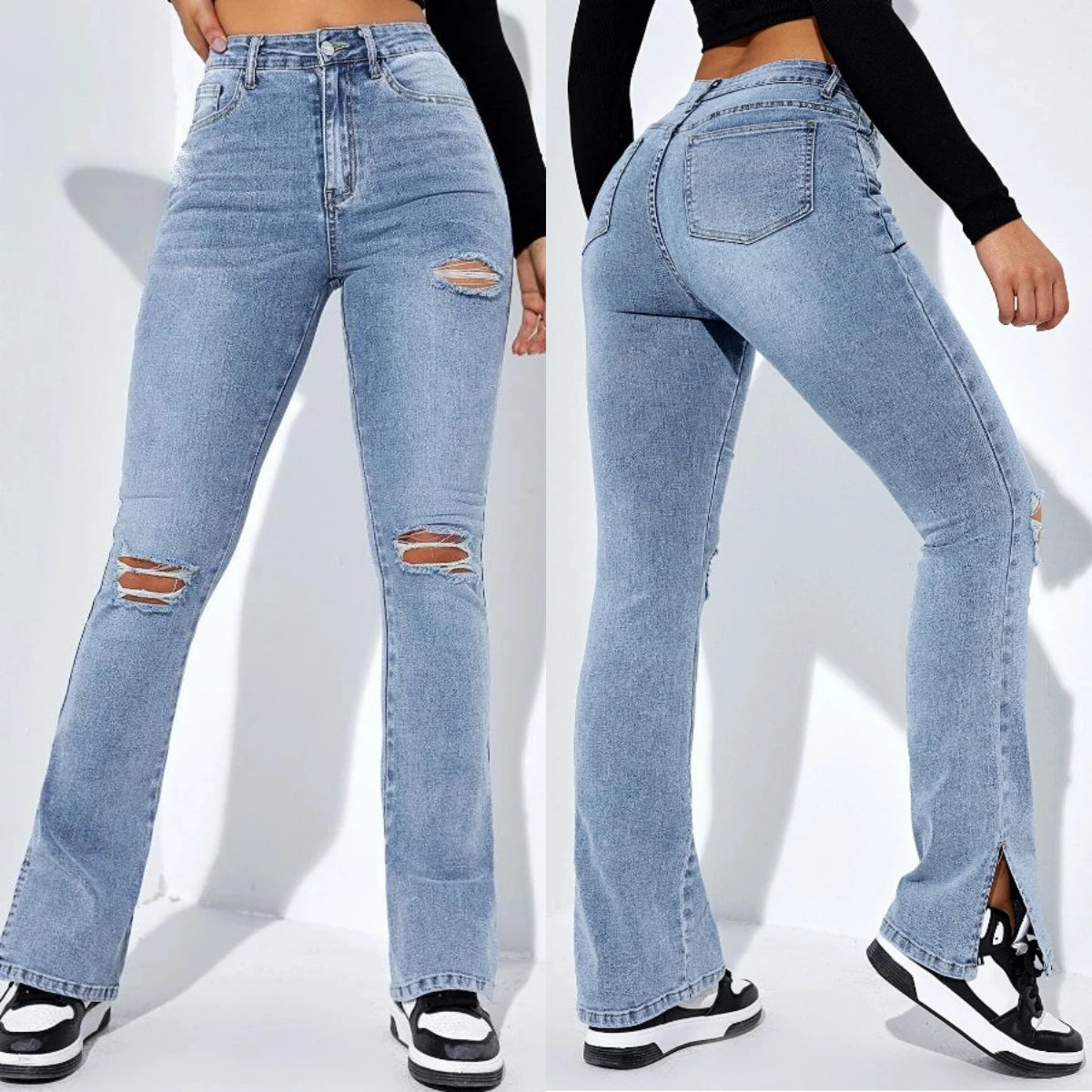 Women's High Waist Ripped Leg Slit Jeans Fashion Slim Fit Stretch Denim Straight Legs Casual Trousers S-2XL