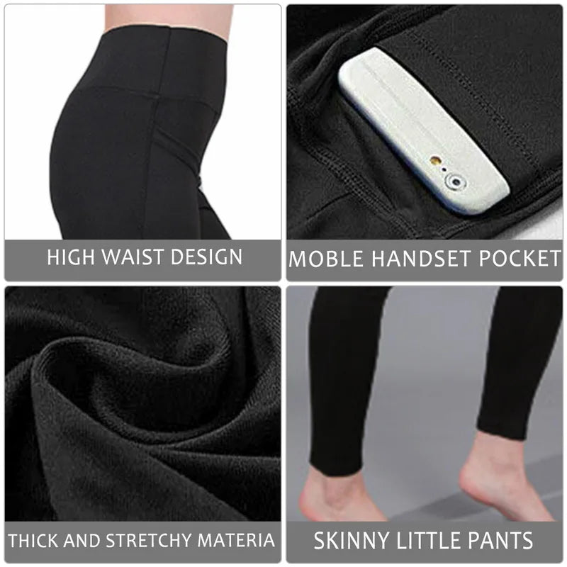 Leggings Winter Tummy Control Solid Color High Waist Women Fitness Leggings Push Up Pockets Butt Lift Yoga Pants Sport Running Woman Pant