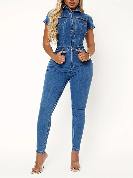 Women's Sexy Denim Overalls - Button Short Sleeve Jumpsuit, Slim Fit Casual Streetwear, Vintage Washed Romper for Summer