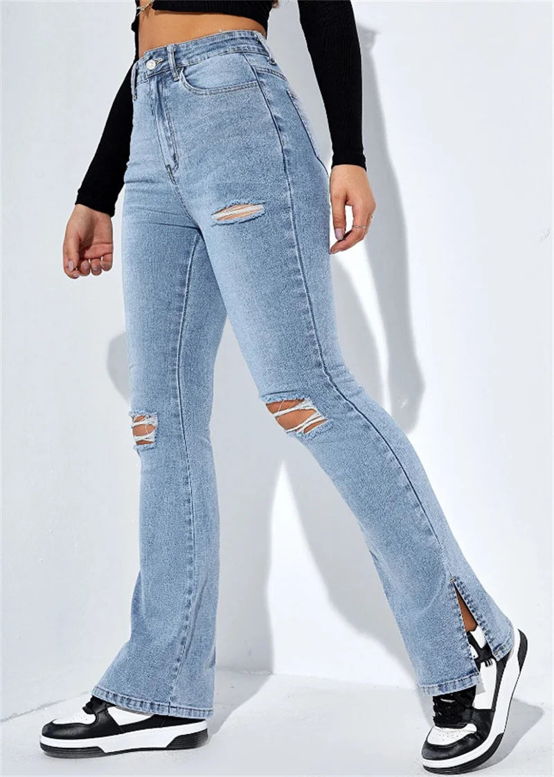 Women's High Waist Ripped Leg Slit Jeans Fashion Slim Fit Stretch Denim Straight Legs Casual Trousers S-2XL