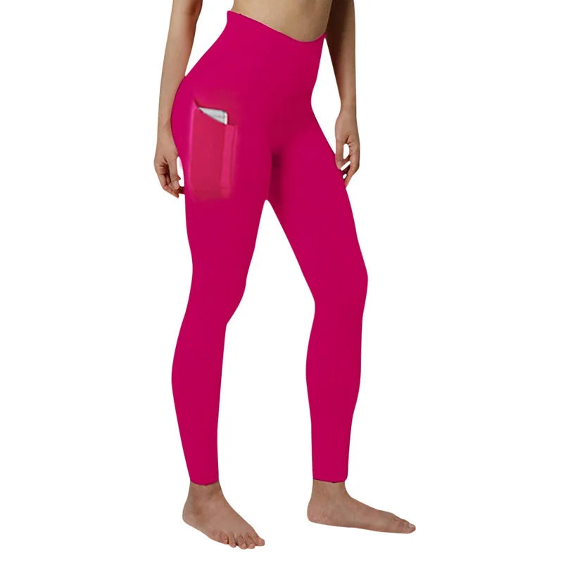 Leggings Winter Tummy Control Solid Color High Waist Women Fitness Leggings Push Up Pockets Butt Lift Yoga Pants Sport Running Woman Pant