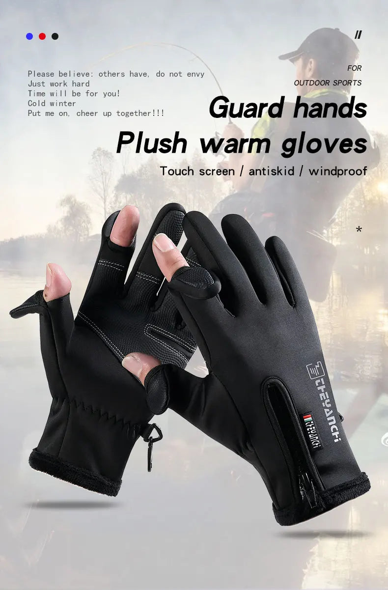 Cycling Gloves Winter Takeaway Fishing Leak Two-Finger Outdoor Windproof Zipper Touch Screen Plus Velvet Thick Gloves