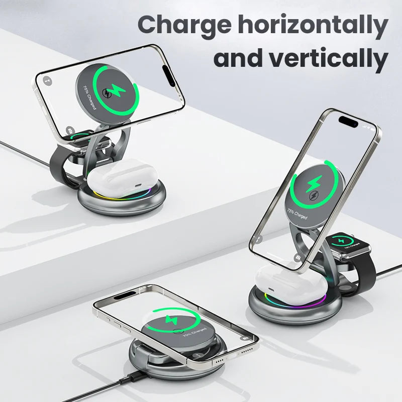Best Selling Products 2024 RGB Foldable 360 Rotation 3 in 1 Wireless Magnetic Charger Desktop Multifunction Wireless Charger