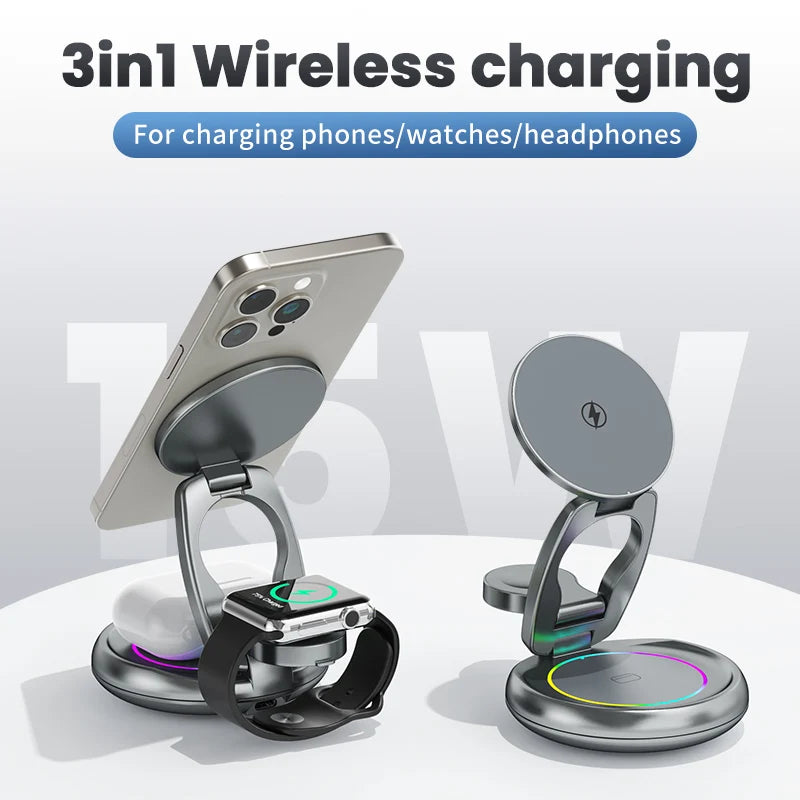 Best Selling Products 2024 RGB Foldable 360 Rotation 3 in 1 Wireless Magnetic Charger Desktop Multifunction Wireless Charger