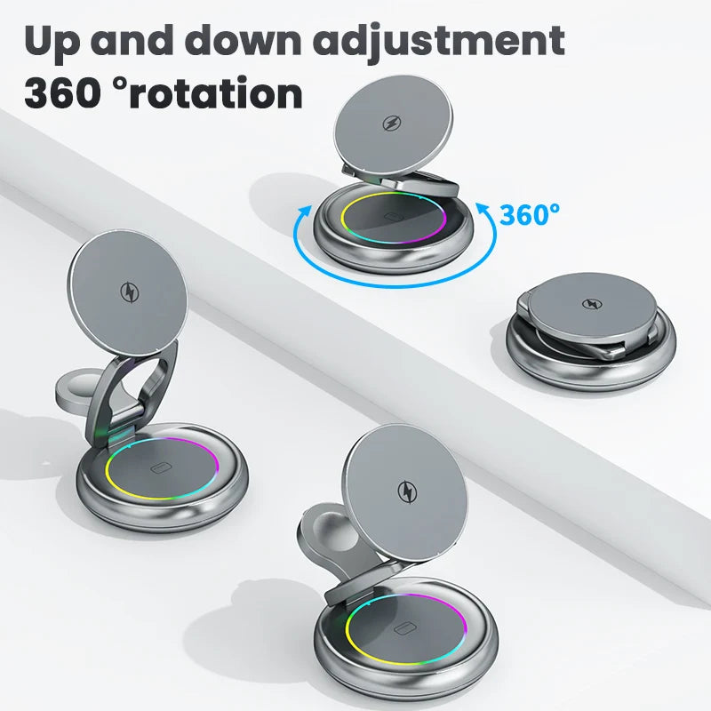 Best Selling Products 2024 RGB Foldable 360 Rotation 3 in 1 Wireless Magnetic Charger Desktop Multifunction Wireless Charger