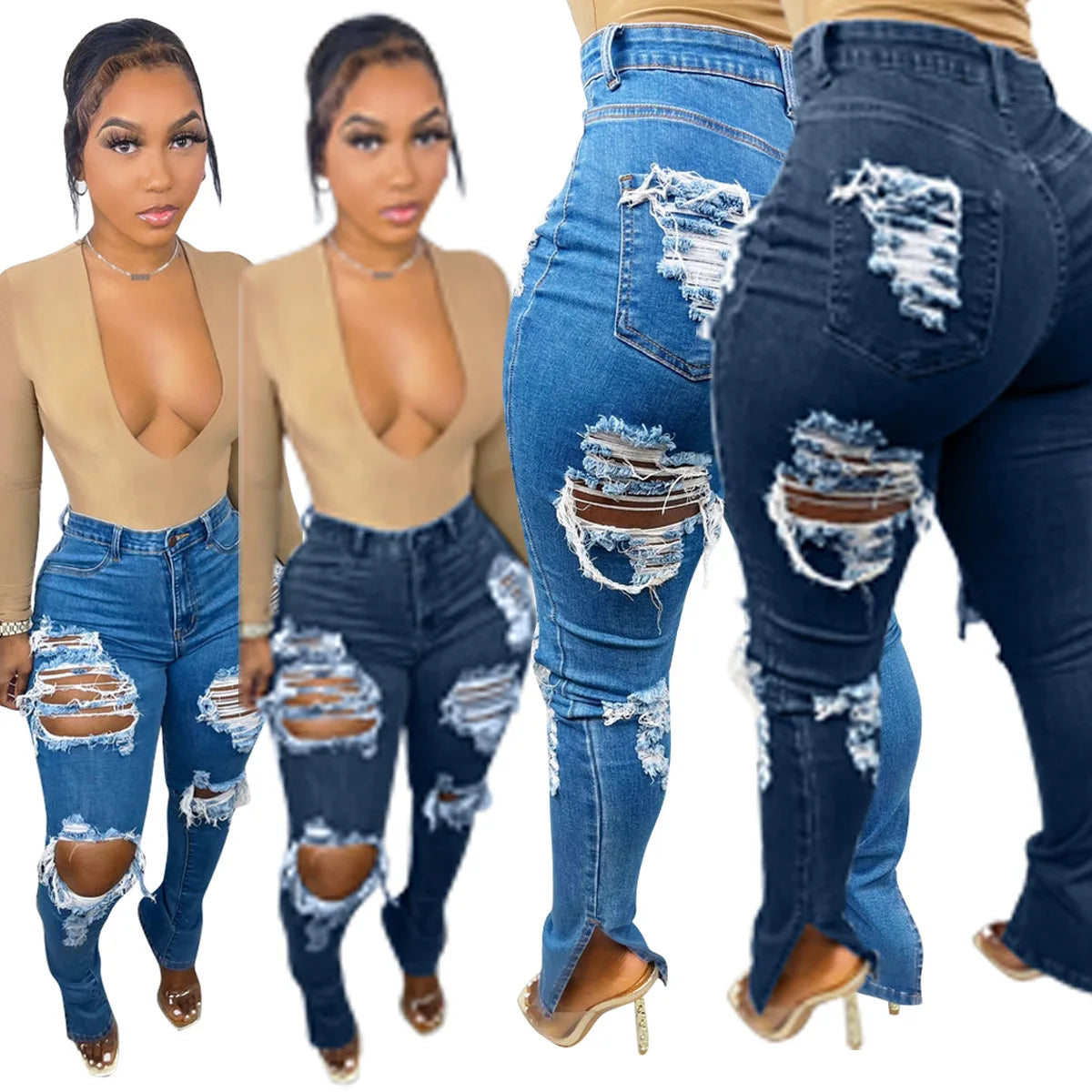 Plus Size Fashion Women's New Ripped Skinny Jeans