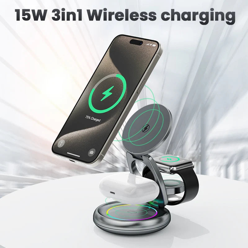 Best Selling Products 2024 RGB Foldable 360 Rotation 3 in 1 Wireless Magnetic Charger Desktop Multifunction Wireless Charger