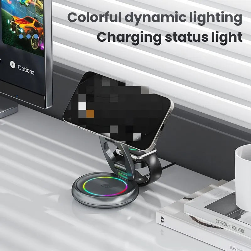 Best Selling Products 2024 RGB Foldable 360 Rotation 3 in 1 Wireless Magnetic Charger Desktop Multifunction Wireless Charger