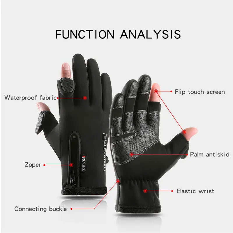 Cycling Gloves Winter Takeaway Fishing Leak Two-Finger Outdoor Windproof Zipper Touch Screen Plus Velvet Thick Gloves