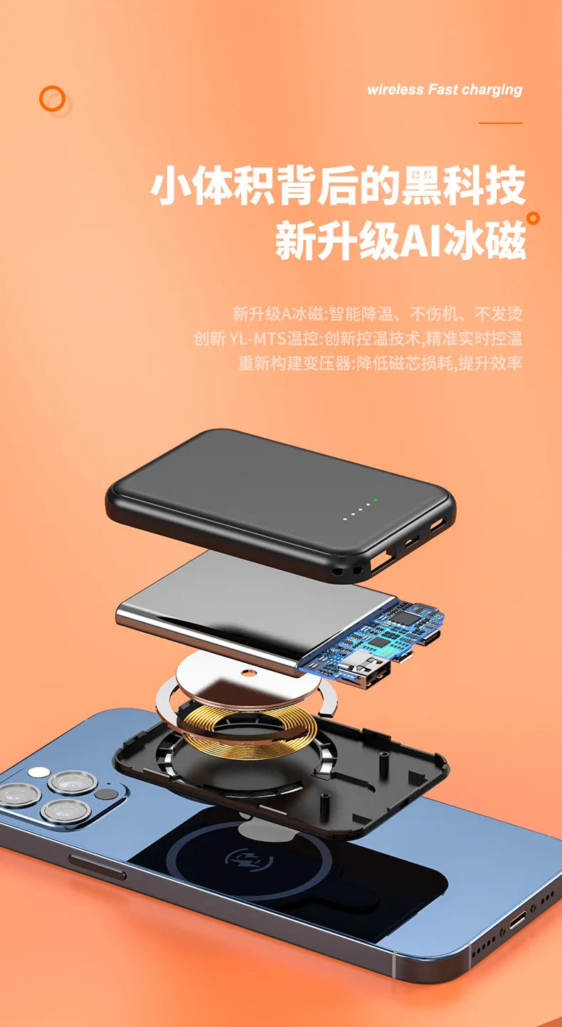 New Mini Magnetic Suction Wireless 10000mA High Capacity LED Display Type-C 5W Charging Compact Thin Universal Mobile