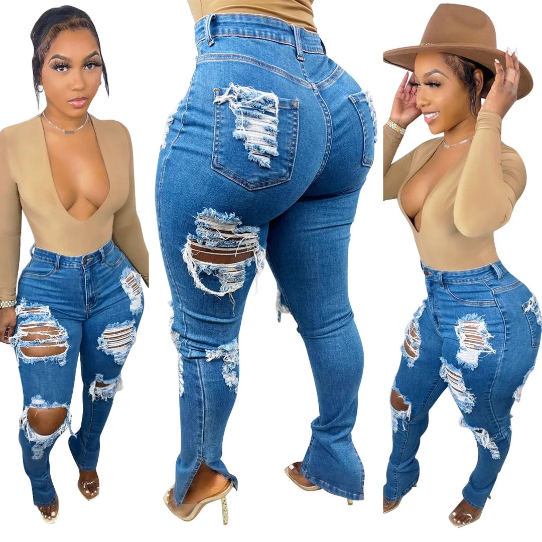 Plus Size Fashion Women's New Ripped Skinny Jeans