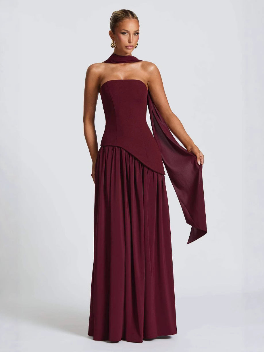 European and American cross-border women's bandeau solid color slit dress fashion sexy backless high slit long skirt new style