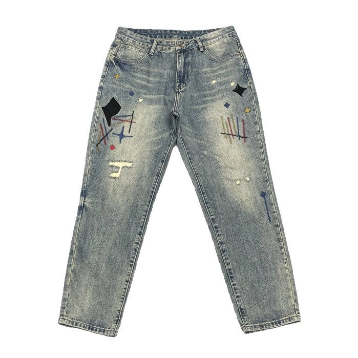 Heavy-washed, scratched-off denim men, handsome trendy patches, high-end embroidery prints, loose tapered straight-leg jeans