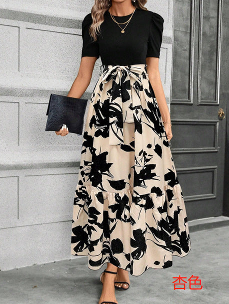 European and American women's floral print high-waisted fashion and elegant temperament dress