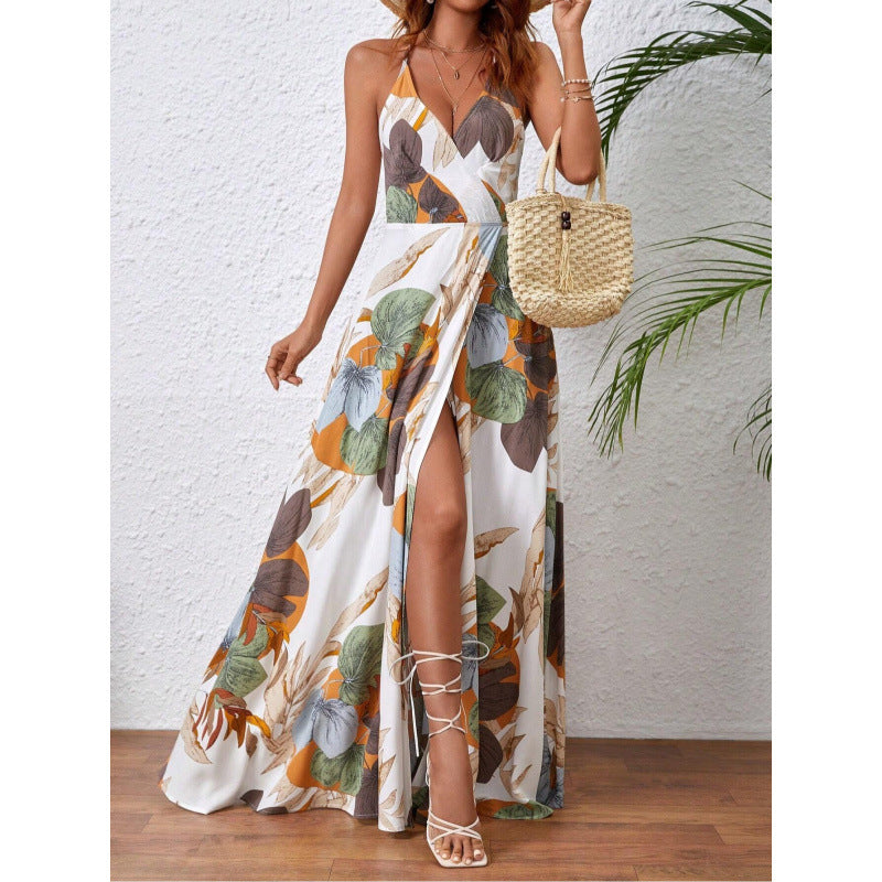 European and American tropical print thigh split slip dress