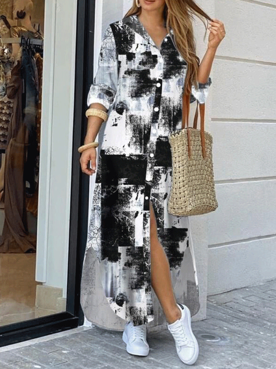 Cross-border women's clothing  European and American spring and summer new printed long-sleeved dresses fashionable sexy shirt long skirts