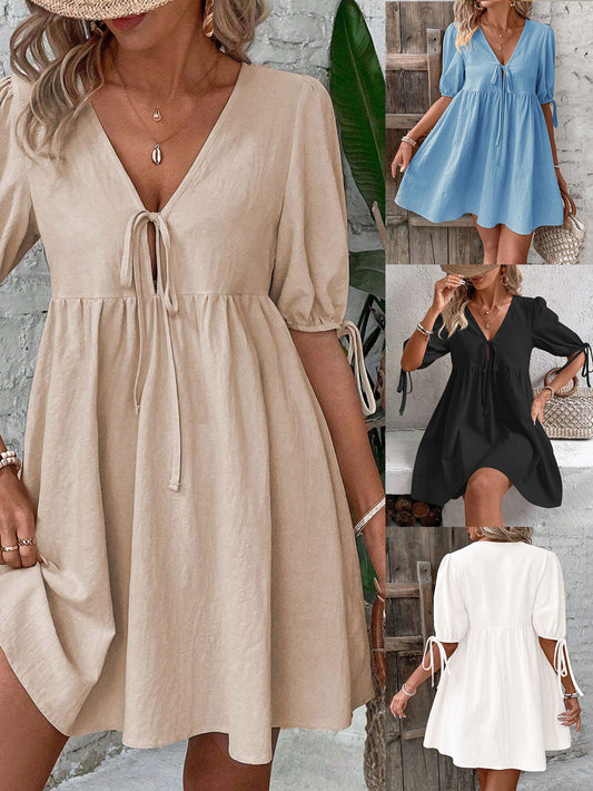 2026 European and American cross-border elegant loose woven deep V-neck design sense chest lace-up A-swing dress
