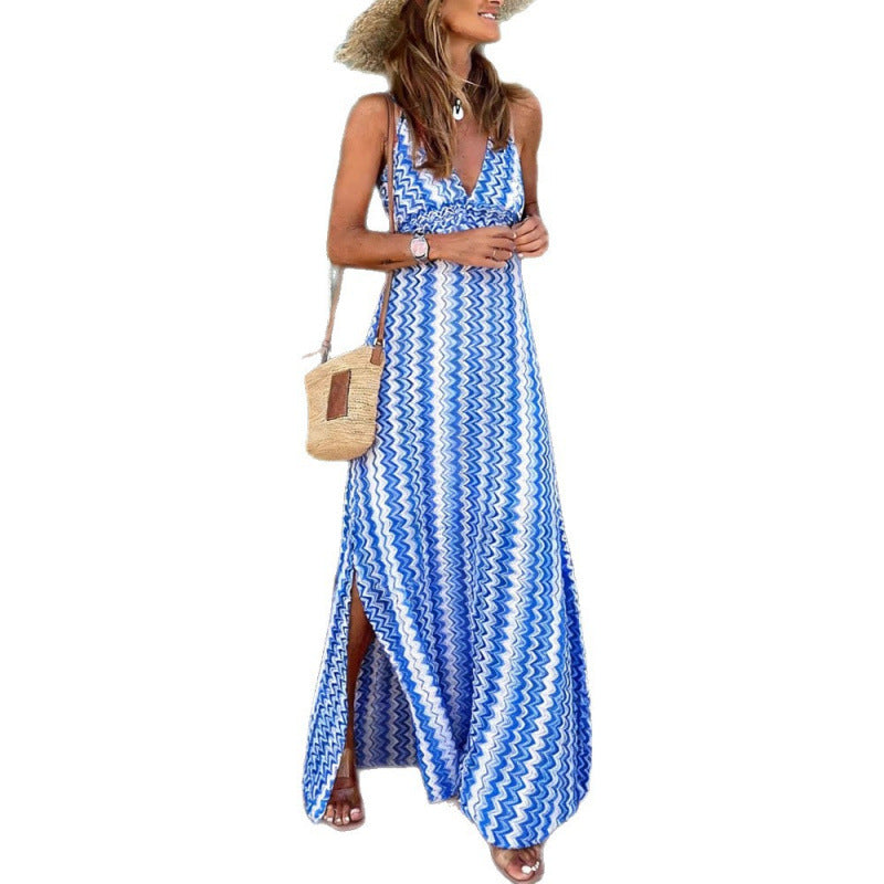 2026 Summer European and American Cross-border Women's Wear INS New Foreign Trade Bohemian Print V-Neck Suspender Slit Dress
