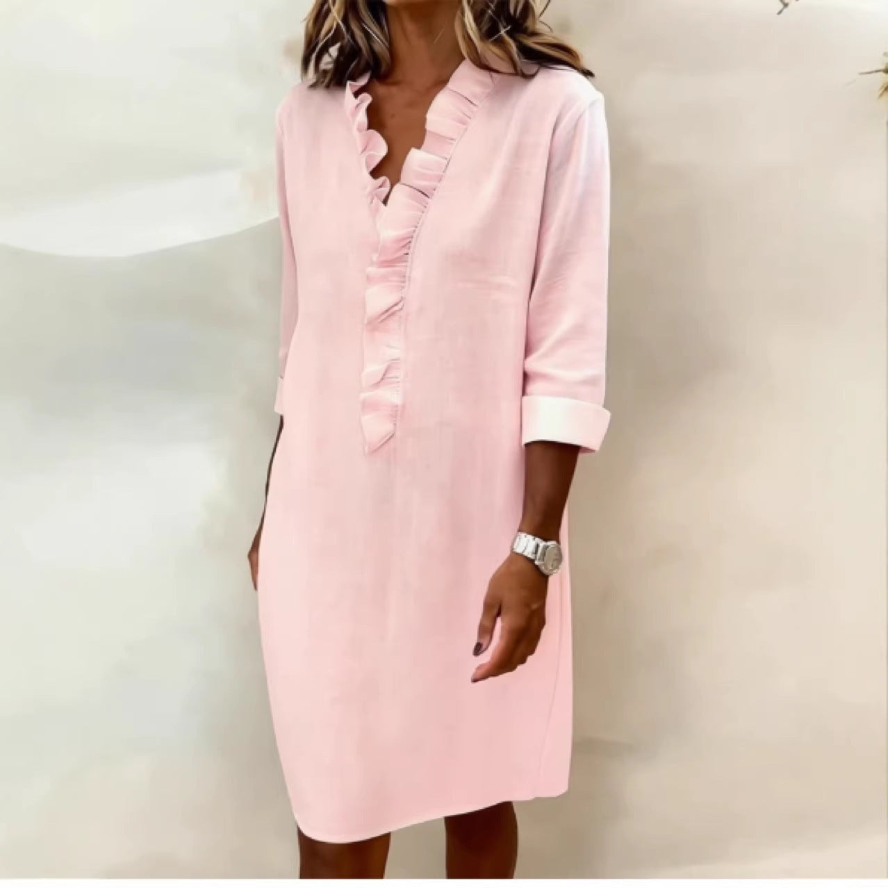 European and American cross-border spring new fashion commuting slimming women's fungus edge long sleeve cotton and linen shirt dress