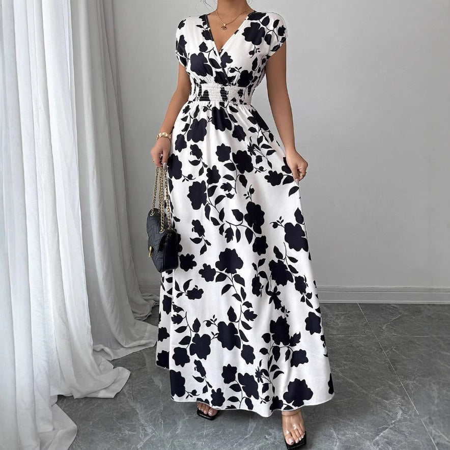 Women's V-neck waist slimming temperament banquet vintage rose print dress V-neck French slimming long skirt