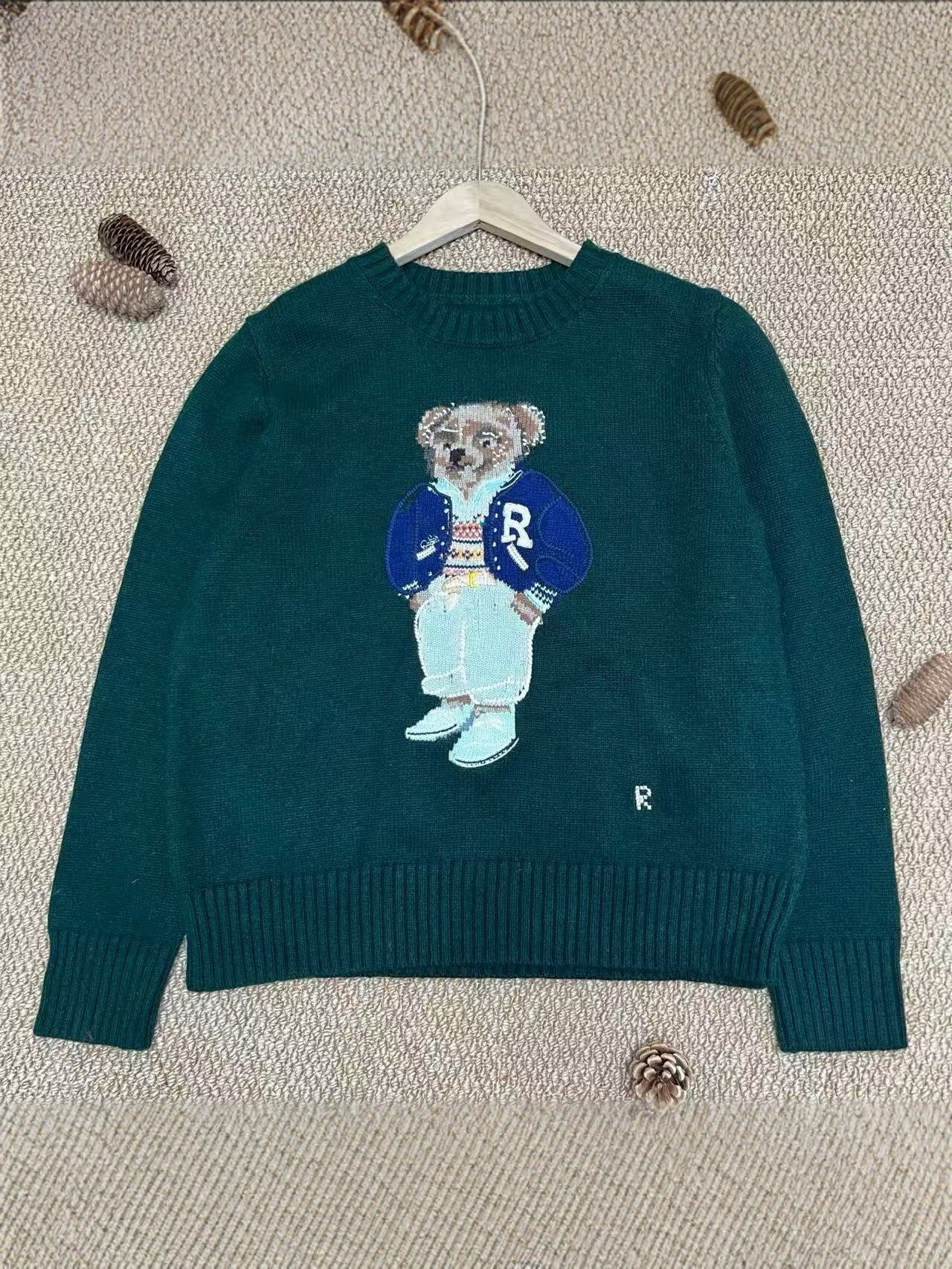 RL autumn/winter new bear embroidery sweater for women, crewneck knit shirt, American vintage cartoon pullover, jacket top