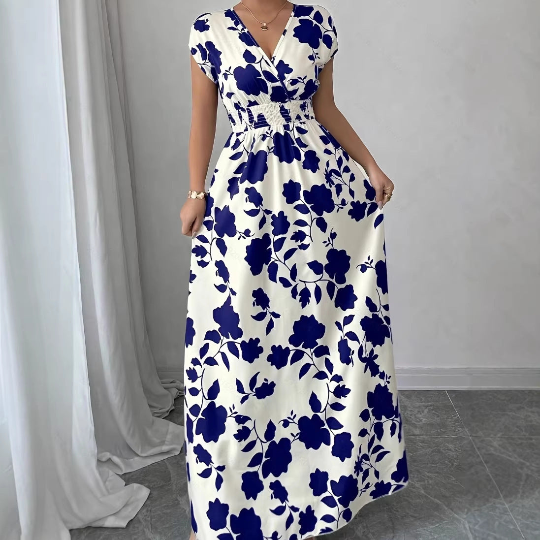 Women's V-neck waist slimming temperament banquet vintage rose print dress V-neck French slimming long skirt