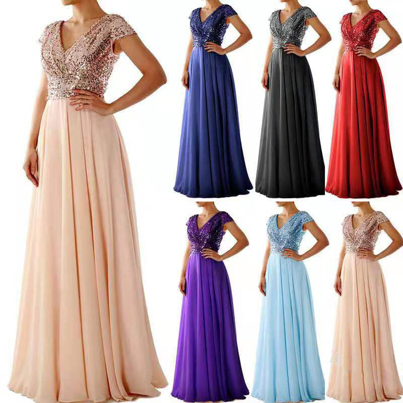 Summer Dress new V-neck sequinned chiffon panel evening dress long skirt