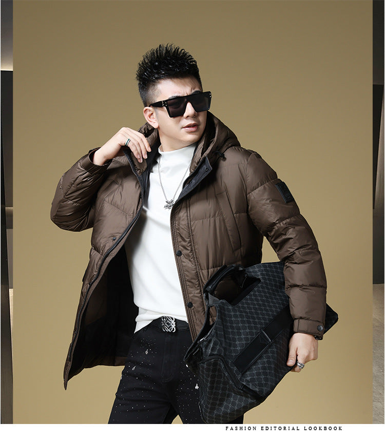 2024 Autumn and Winter down Jacket Men's Hooded Mid-Length 90 White Duck down Jacket Casual Warm Men's Windproof Loose Style