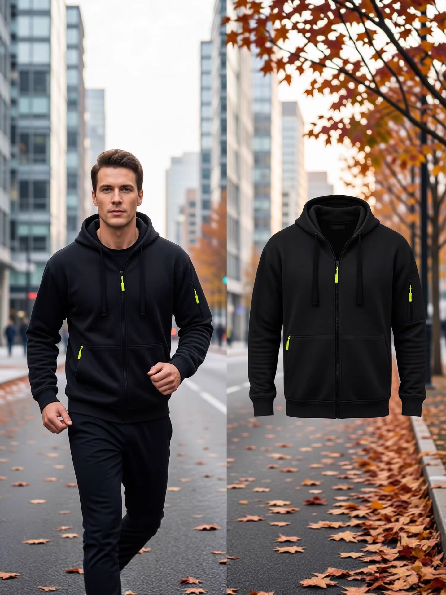 European code hooded men's autumn/winter fleece-lined hooded sweatshirt, long-sleeve zipper style, multi-pocket fashionable versatile jacket for men