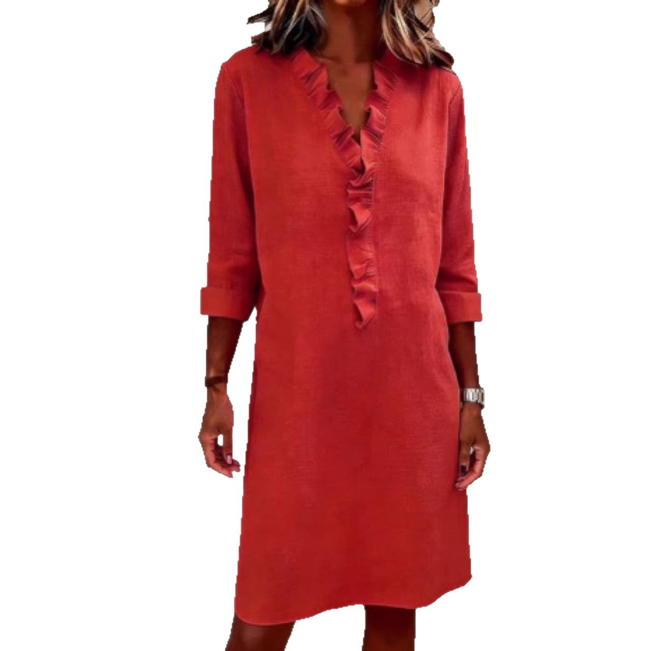 European and American cross-border spring new fashion commuting slimming women's fungus edge long sleeve cotton and linen shirt dress