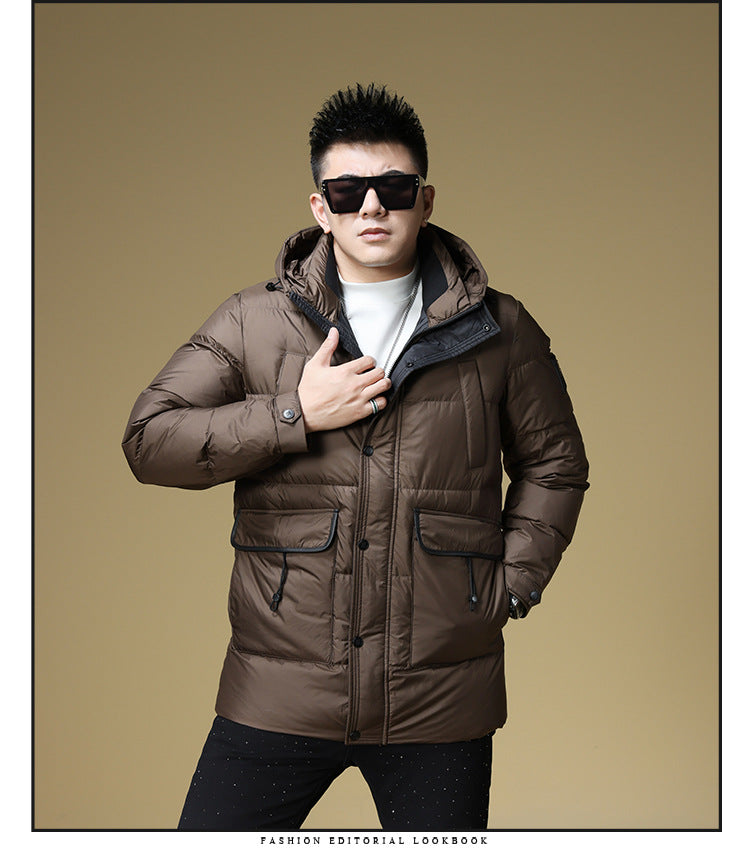 2024 Autumn and Winter down Jacket Men's Hooded Mid-Length 90 White Duck down Jacket Casual Warm Men's Windproof Loose Style