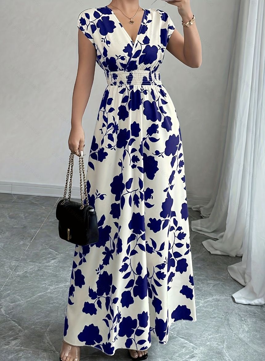 Women's V-neck waist slimming temperament banquet vintage rose print dress V-neck French slimming long skirt