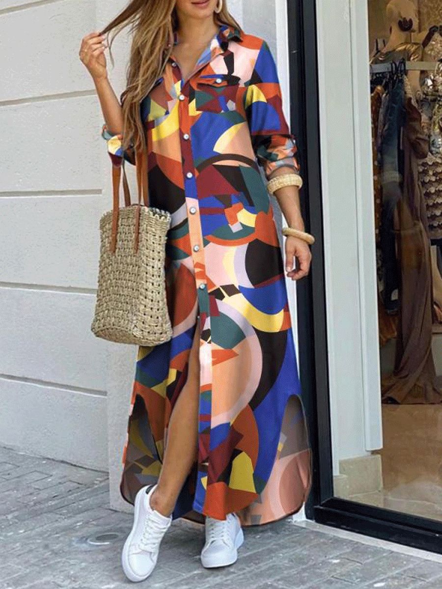 Cross-border women's clothing  European and American spring and summer new printed long-sleeved dresses fashionable sexy shirt long skirts