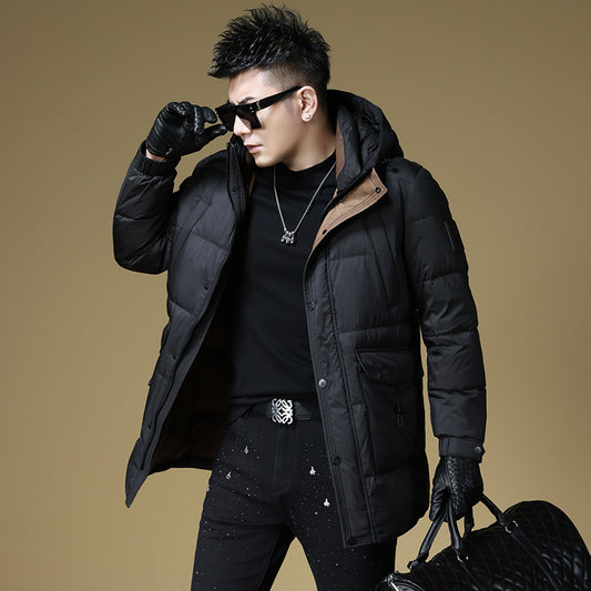 2024 Autumn and Winter down Jacket Men's Hooded Mid-Length 90 White Duck down Jacket Casual Warm Men's Windproof Loose Style