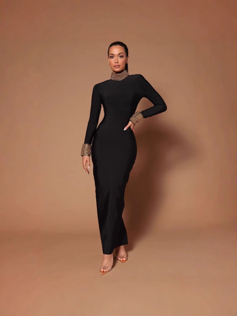 Bandage dresses, cross-border hits, spring and autumn long-sleeved long styles, light luxury, bronzing pearl evening dresses, backless slim and sexy