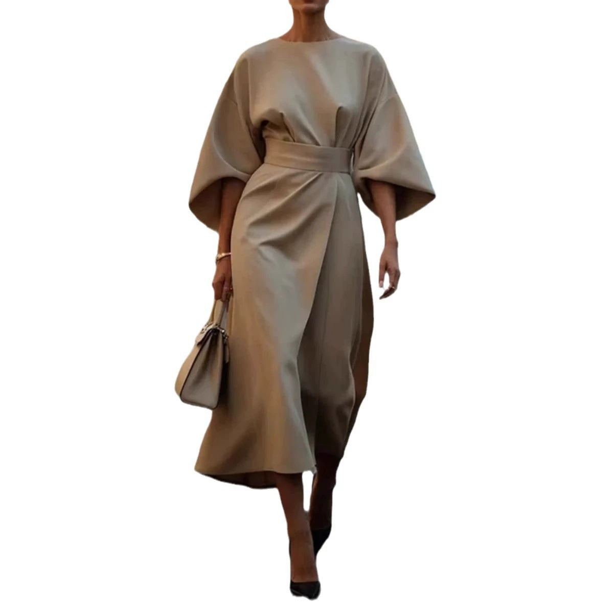 European and American cross-border fashion temperament elegant solid color waist dress casual bat sleeve long skirt