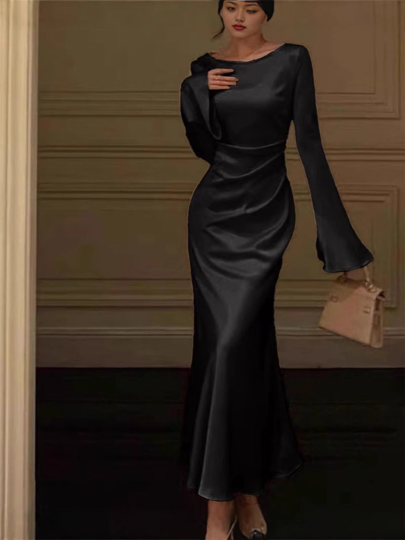 European and American Summer New Cross-border Elegant Flared Sleeve Solid Color Long Sleeve Fashion Dress