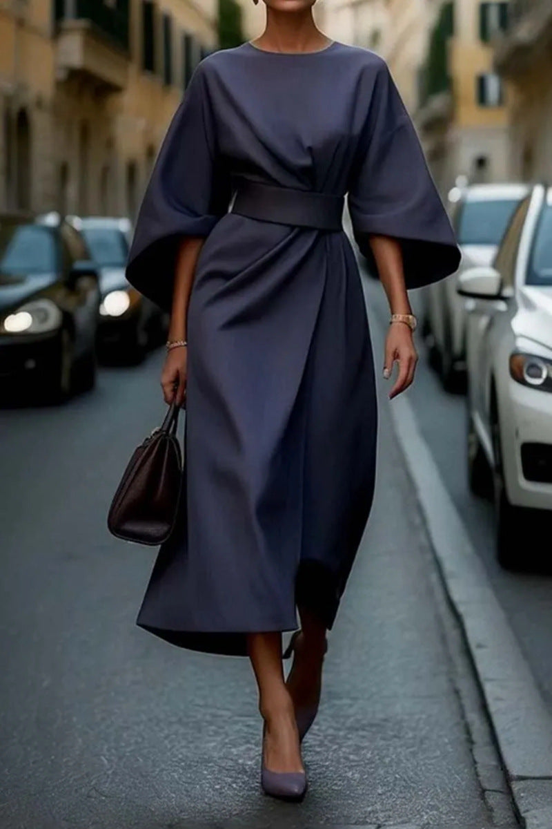 European and American cross-border fashion temperament elegant solid color waist dress casual bat sleeve long skirt