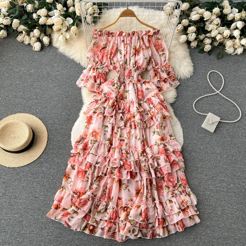 One-shoulder floral French vintage slimming cake skirt large swing dress short sleeve temperament commuter slim fit