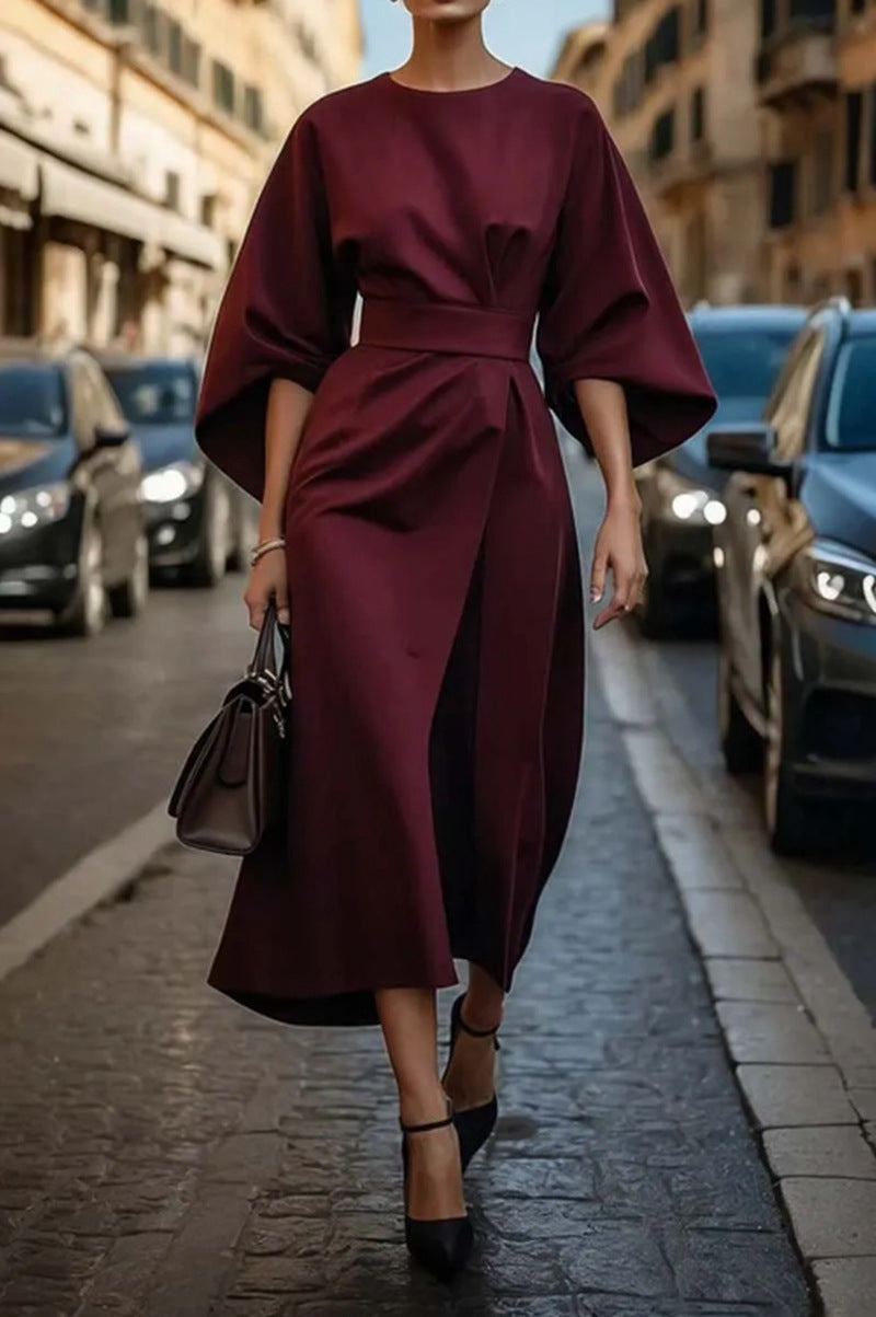 European and American cross-border fashion temperament elegant solid color waist dress casual bat sleeve long skirt