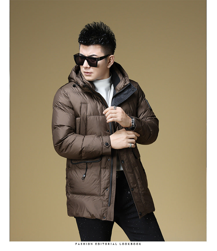 2024 Autumn and Winter down Jacket Men's Hooded Mid-Length 90 White Duck down Jacket Casual Warm Men's Windproof Loose Style