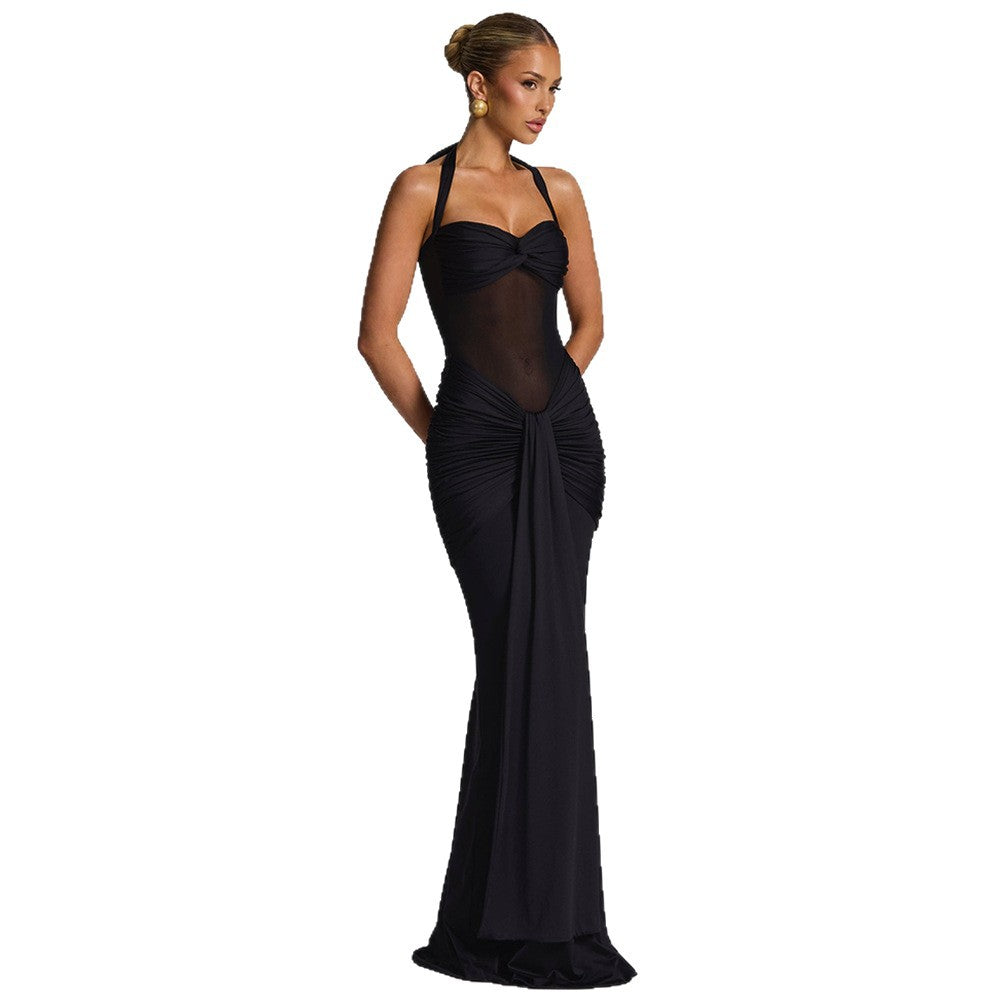 European and American 2026 new women's temperament pleated streamer evening dress foreign trade fashion halterneck sexy hip wrap dress