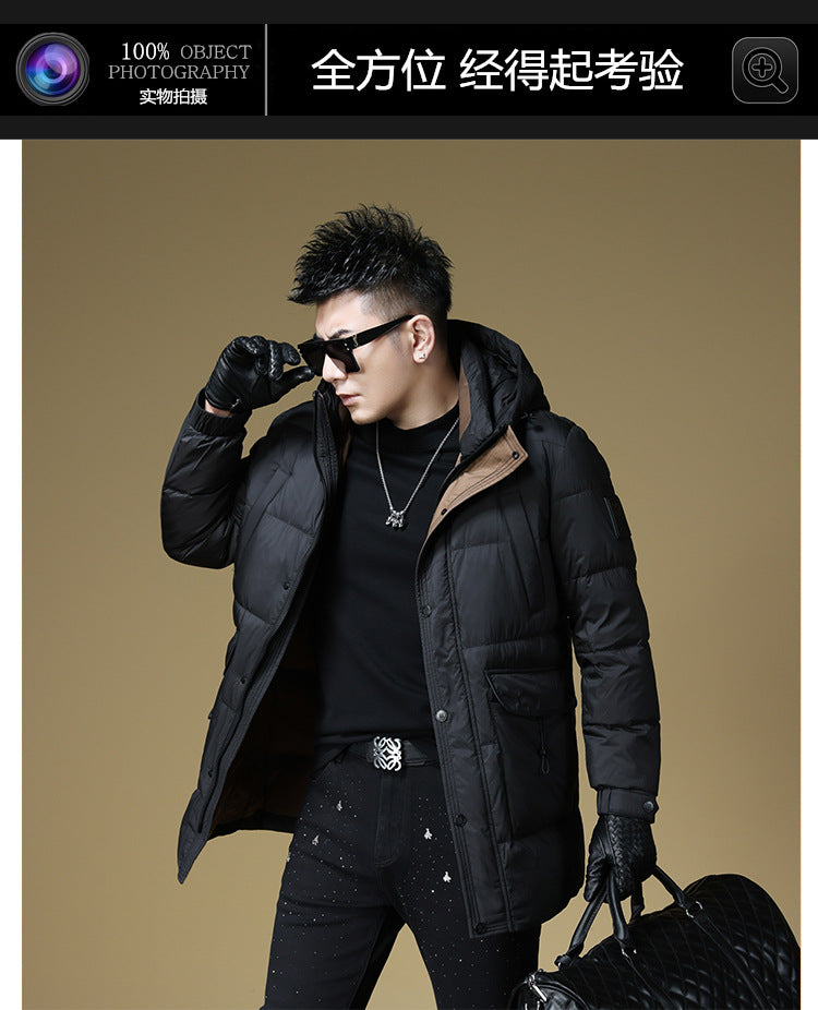 2024 Autumn and Winter down Jacket Men's Hooded Mid-Length 90 White Duck down Jacket Casual Warm Men's Windproof Loose Style